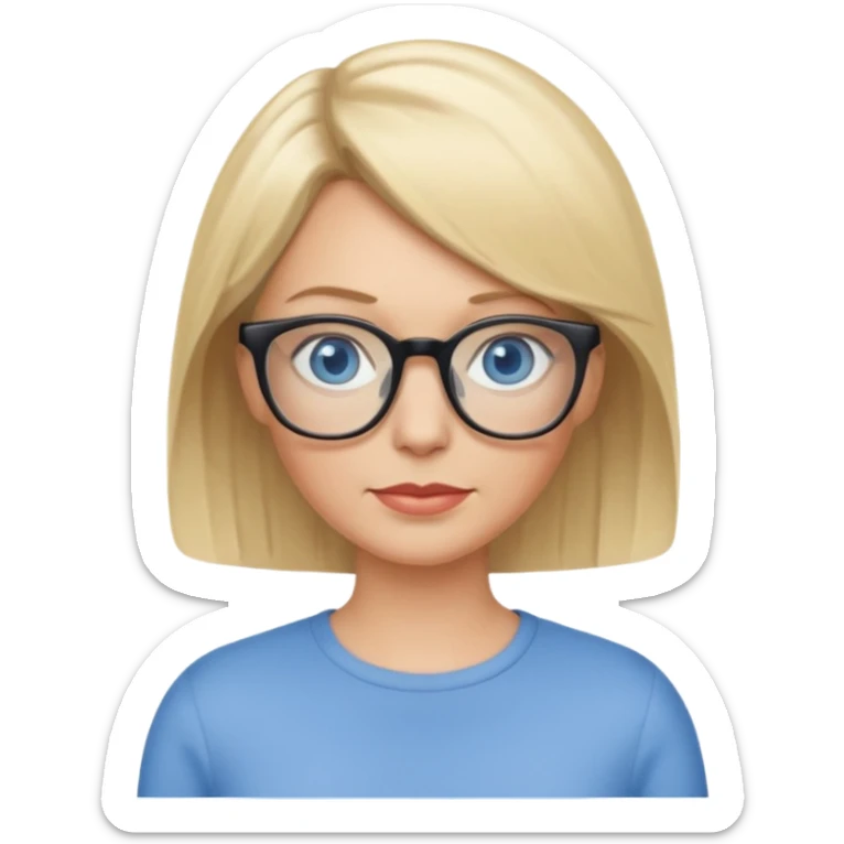 white woman about 50 blonde bobbed hair blue eyes glasses sticker