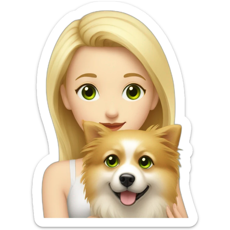 Blonde girl with green eyes, hugs her pomeranian dog, red sticker