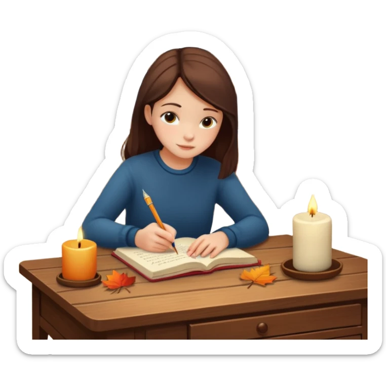 Girl writing in a journal on a desk with a candle on it next to a window with fall scenery sticker