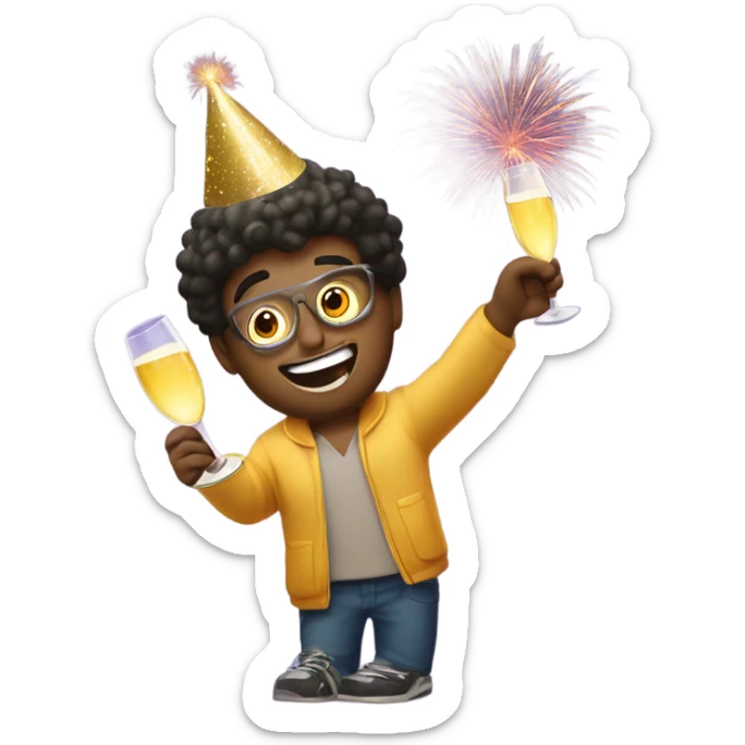 A dude celebrating new year, with a party hat that says 2025 and a glass of champagne in his hands, and add fireworks in the background sticker