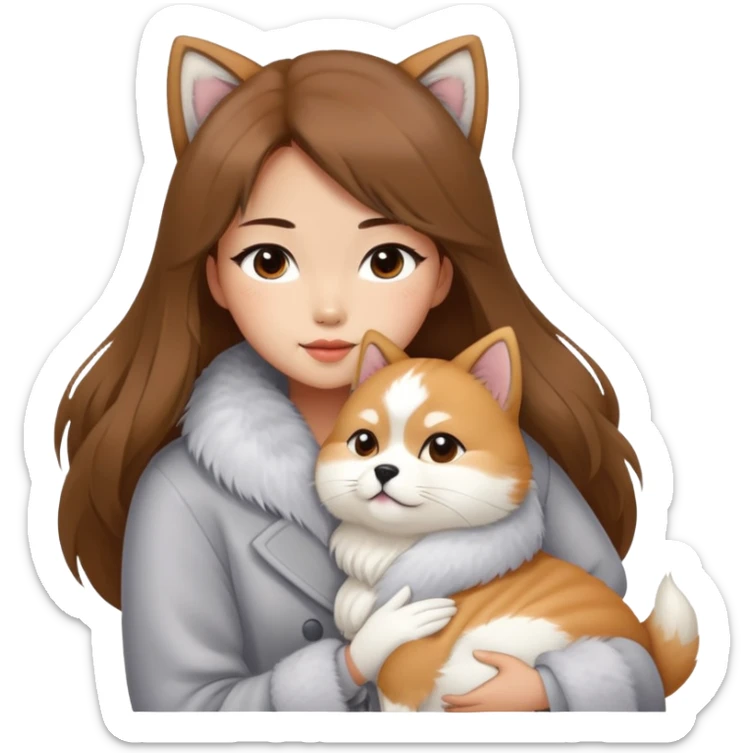 A Chinese fashion girl with brown hair, wearing a light gray fur coat, hugging a Shiba Inu and a long-haired white Persian cat. sticker