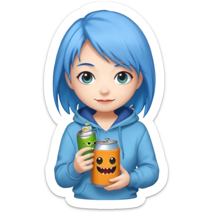 Chibi sticker of a woman with powder blue hair with white eyes hold a can of Monster with a smug smile; cozy style sticker