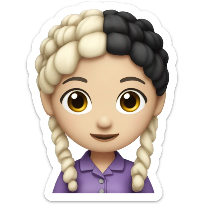 toy doll, full body standing, with pale skin, and smooth black hair tied at the sides with pigtails sticker