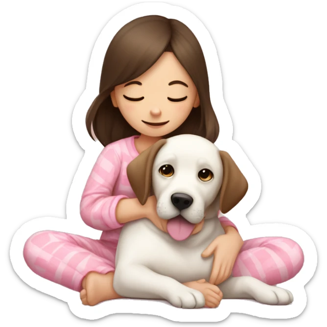dark brown hair girl with pink Pyjama cuddling a white Labrador  sticker