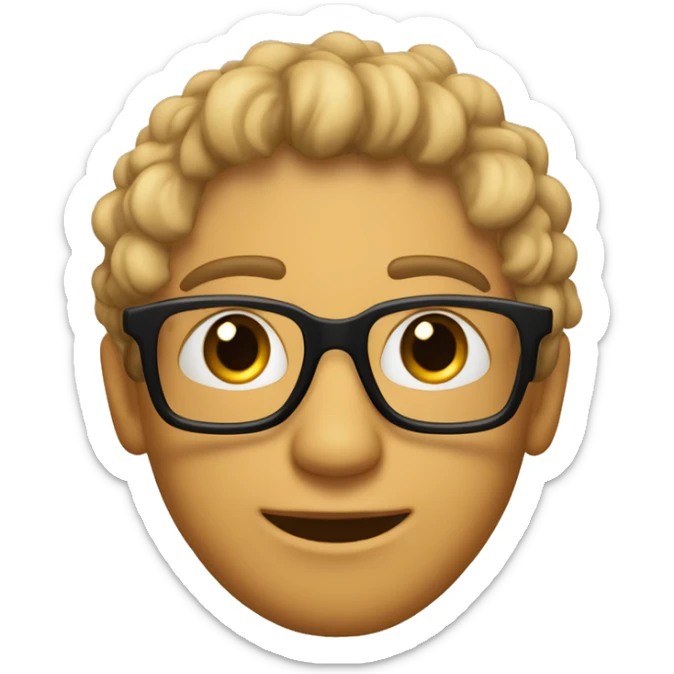 Hombre con ojos color miel cabello negro  risado con rizos y lentes con un adorno en la esquina  piel neutra beige  sticker