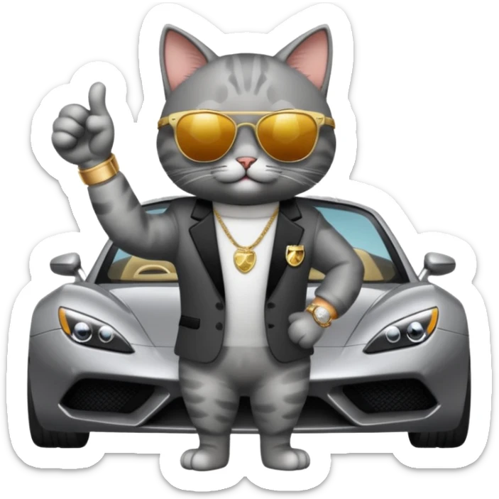 cat wearing sunglasses and a watch giving a thumbs up next to a fancy car sticker