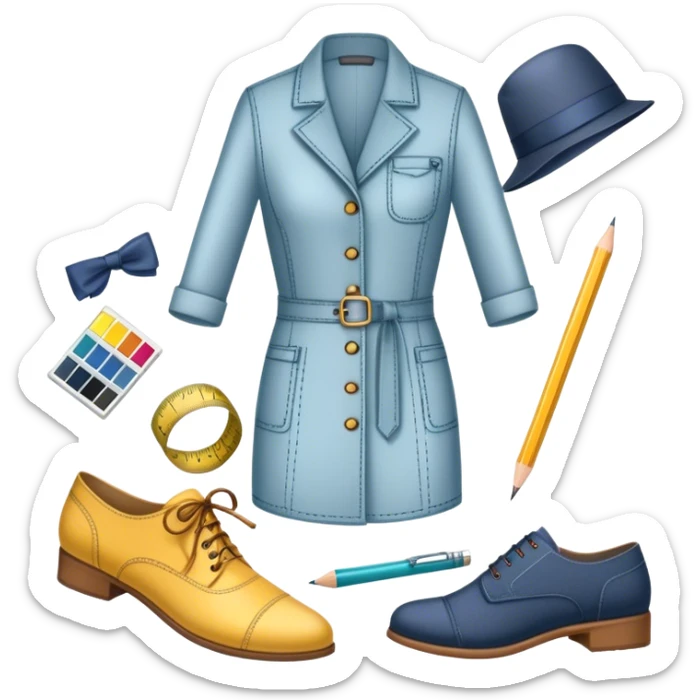 Icon for Fashion Design: sketches of clothing, shoes, and accessories with design tools like a pencil, fabric swatches, and a measuring tape. The icon should represent creativity in fashion design and tailoring. Transparent background. sticker