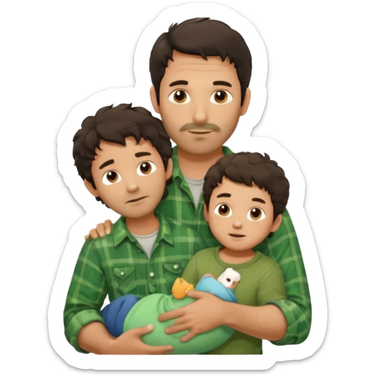A father with messy medium-length dark hair and light stubble, wearing a green flannel shirt. He holds his child who has short curly brown hair and a cream-colored romper. Cozy warm lighting, authentic family moment. sticker