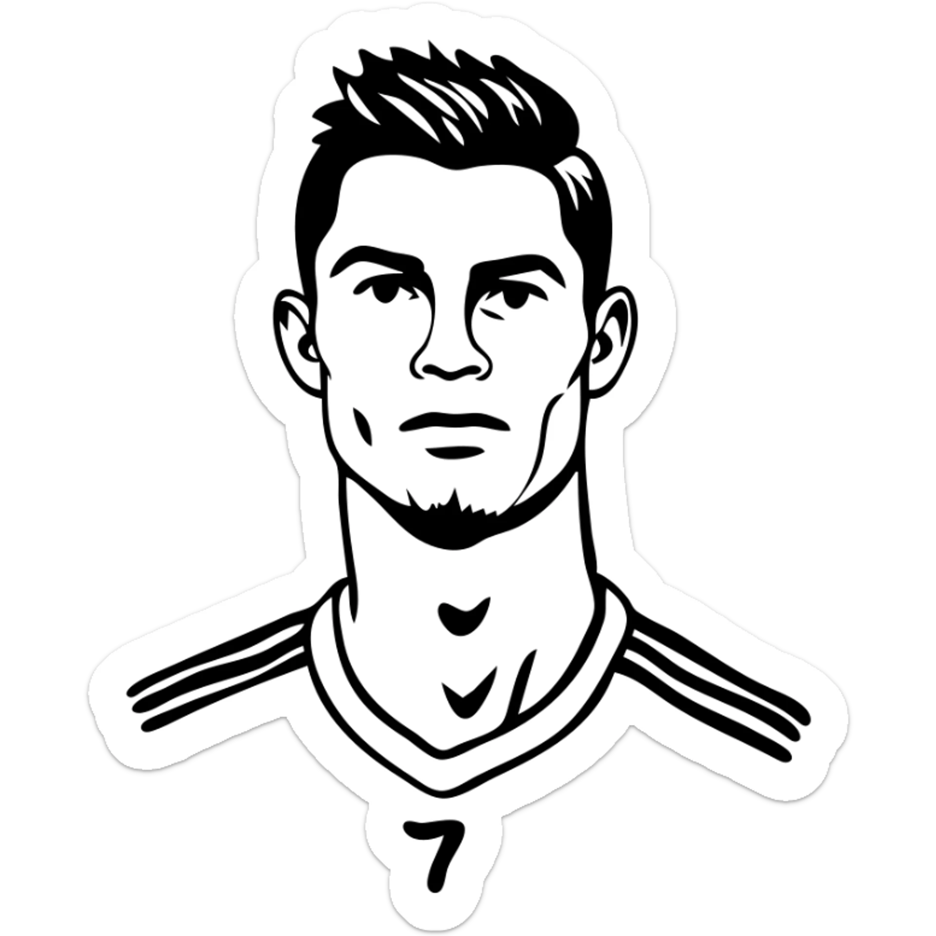 Cristiano Ronaldo portrait with his distinctive hairstyle and soccer jersey number 7 sticker