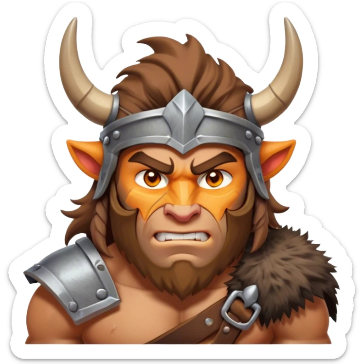 Clash of Clans aesthetic: Cinematic Fierce Barbarian Portrait Emoji, Poised and bold with a rugged yet cartoonish build in tattered furs and a horned helmet, expressive bright eyes and a confident smirk, Simplified yet dynamic features, highly detailed, glowing with a vivid, adventurous aura, high shine, heroic and spirited, stylized with an air of medieval warrior charm, focused and energetic, soft glowing outline, capturing the essence of a fearless barbarian adventurer ready to lead his clan with spirited valor! sticker