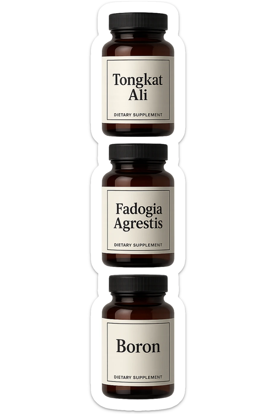 4 boccette di integratore: Tongkat Ali, Fadogia Agrestis, Boron e Zinco fluttuano in aria verticalmente sticker