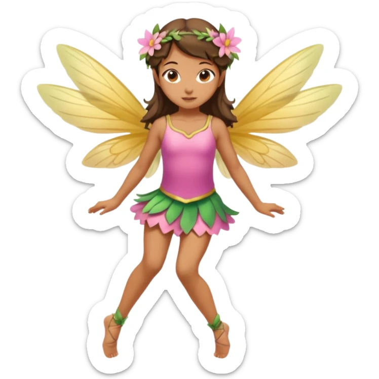 A winged flower fairy girl, wearing a short skirt, one leg straight and the other bent, her body tilted, in a flying pose. sticker