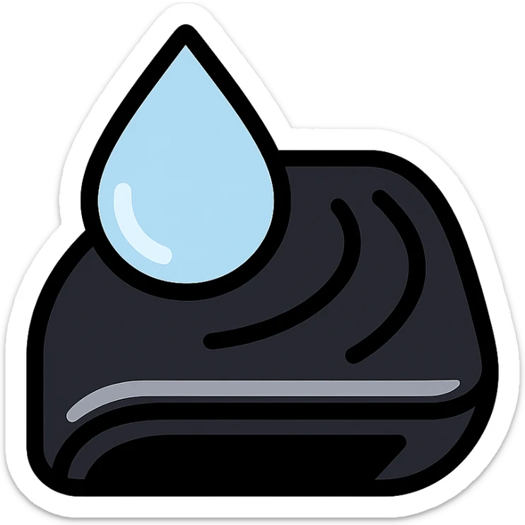 light blue or silver water droplet sliding on glossy black mirror-like paint of a high-end vehicle, main color glossy black, subtle repellent effect with water lines moving away, modern and clean icon sticker