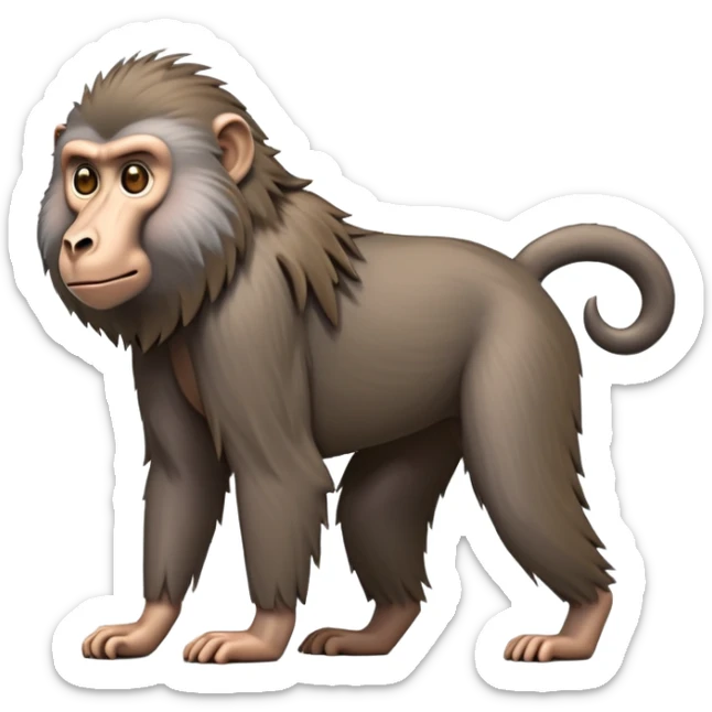 cinematic-hairy top half baboon-full-body-standing on all fours-emoji,-head-tilted-dramatically,-thick-grey-and-brown-fur,-simplified-yet-realistic-focused-features,-highly-detailed,-glowing-with-an-almost-sarcastic-glow expressive eyes, hairy mane sticker