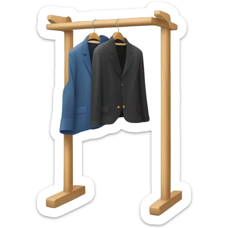 Design an emoji-style icon of an open wardrobe with clothes hanging inside. Include details like a wooden frame, hangers, and only black or white different clothing items such as shirts or any other clothing . Use a clean and minimalistic design. sticker
