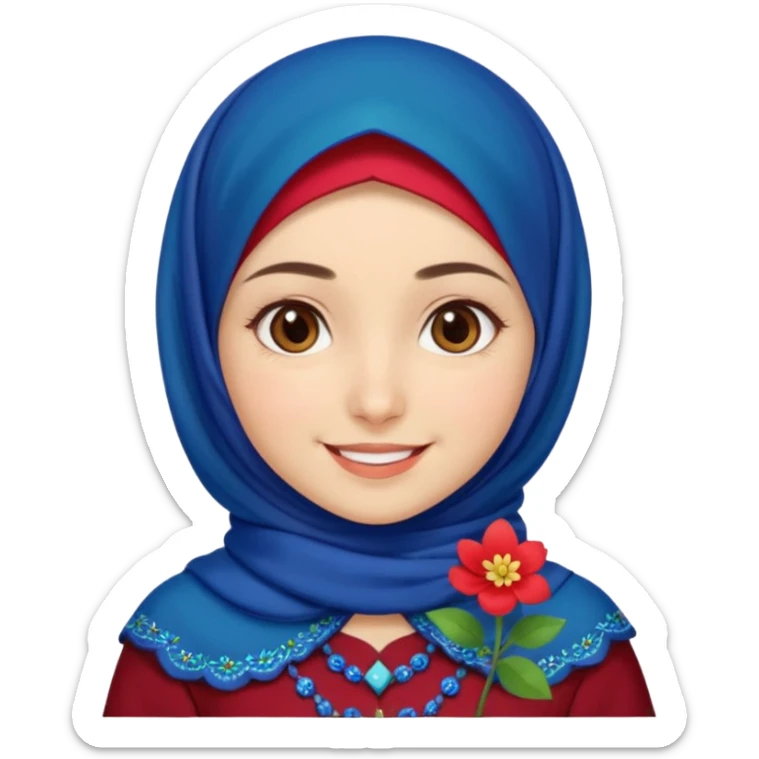 Turkish beautiful finish Konya girl brown eyes white skin with red blue indigo green mini flowers hijab and brown islamic dress and smiles sticker