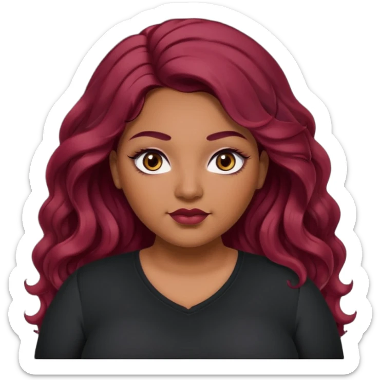Plus size red hair brown face small eyes long hair Asian eyes small eyes wavy hair eye lashes burgundy hair black shirt sticker
