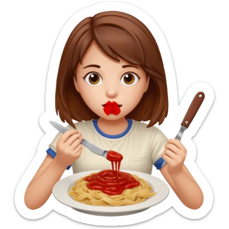 Weird girl with brown hair eating pasta holding ketchup and a knife  sticker
