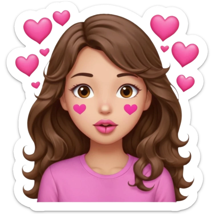 girl with long wavy brown hair, brown eyes, light to medium complexion, in a pink shirt, pink lips, long lashes, puckering up for a kiss, kiss lips and hearts sticker