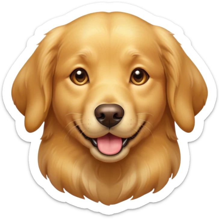 Cinematic Cute Golden Retriever Portrait Emoji, Head tilted playfully and inquisitively, showcasing a rich, glossy golden coat with a healthy sheen, round, sparkling brown eyes filled with curiosity, Simplified yet irresistibly adorable features, highly detailed, glowing with a warm, friendly glow, high shine, affectionate and lively, stylized with a touch of whimsy, bright and endearing, soft glowing outline, capturing the essence of a mischievous yet loving companion, so playful it feels like it could leap out of the screen and into your arms! sticker