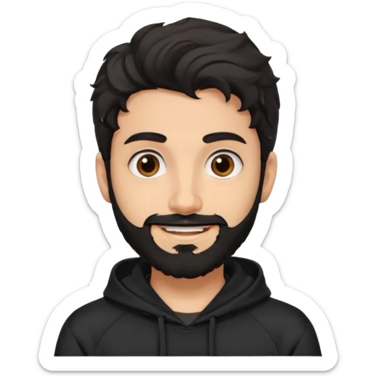 young fair skin pakistani guy smiling with black beard, wavy hair pushed back and brown eyes and big eyebrows, thin eyes , wearing black hoodie sticker