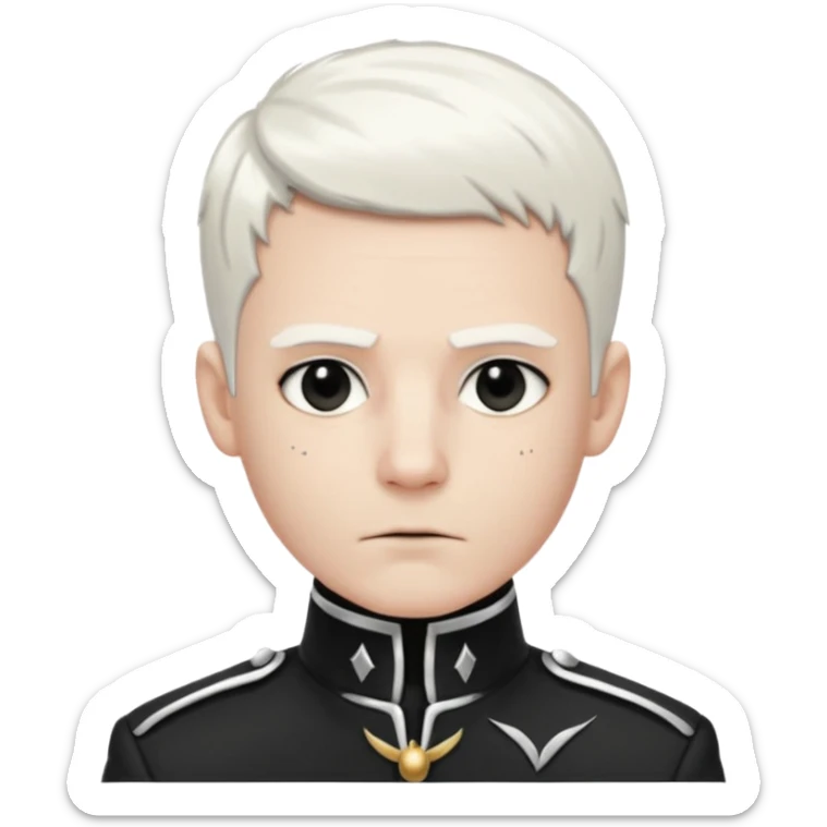Head and shoulders emoji of a pale man with short white hair, wearing a black marching band jacket with silver trim. black eyeliner. Expression stoic, commanding, and theatrical, heroic emo style sticker