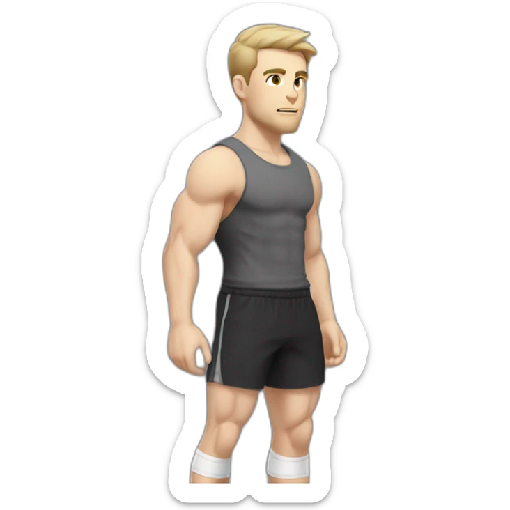Pale skinned Fit Man With the biceps and dark brown hair in black shirt, gray sports shorts and white Sneakers Scales of the back of the head sticker