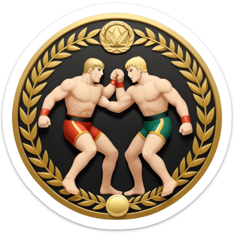An icon symbolizing wrestling combat sports in the style of an emblem. The design features two wrestlers locked in a powerful grapple, one attempting to take the other down. Surrounding the scene are stylized elements like a championship belt, wrestling mat, and a laurel wreath.  sticker