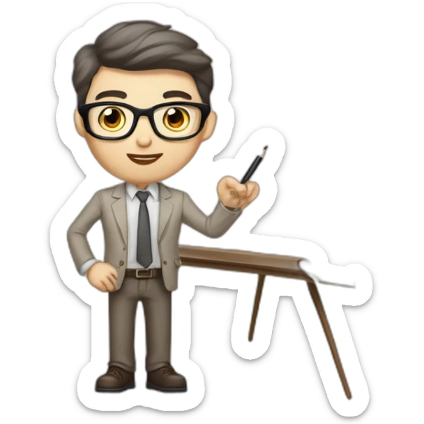 Pale skinned fit man with dark brown hair in gray jacket, beige office shirt, brown tie, brown pants and vintage glasses Writing on the flipchart sticker