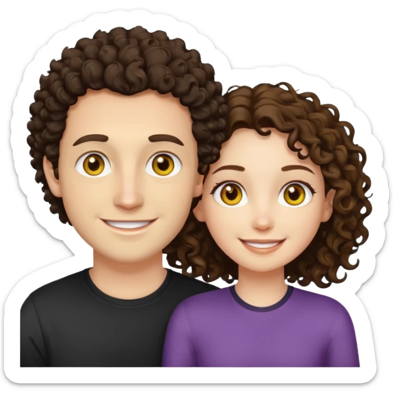 Sarı ve dağınık saçlı ela gözlü beyaz tenli erkek ve saçları koyu kahverengi kıvırcık  saçlı kız yan yana gülümsüyor sticker