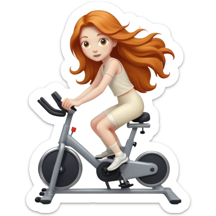 Ginger girl long hair riding stationary bike cream outfit sticker