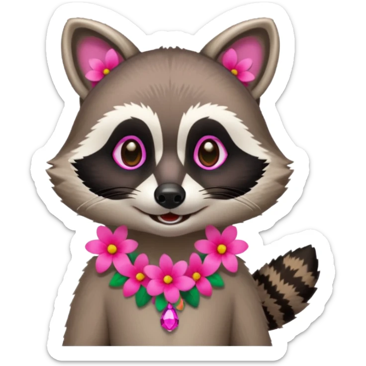 A playful raccoon wearing a neon-pink flower necklace, looking festive. sticker