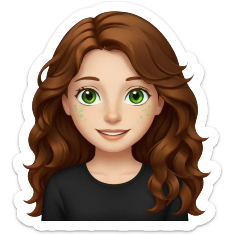Girl with long wavy brown hair, green eyes, freckles and a black top on. Make her smile  sticker