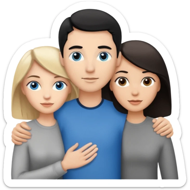 3 people. Throuple. Blank woman with blond hair and blue eye color on left. And also a blank man with black hair and grey eye color in the middle. And a blank woman with brown hair and grey eye color on the right. Holding each other sticker