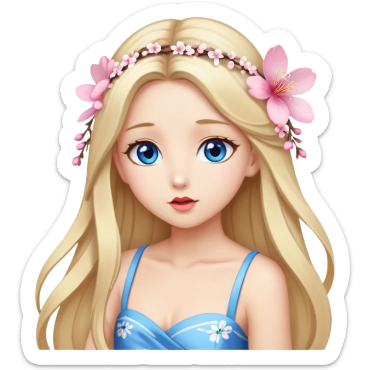 Girl with long blond hair and sakura accessories on her hair with a long tailed dress on the floor and have blue eyes beautiful finish and she sending lovely kisses  sticker