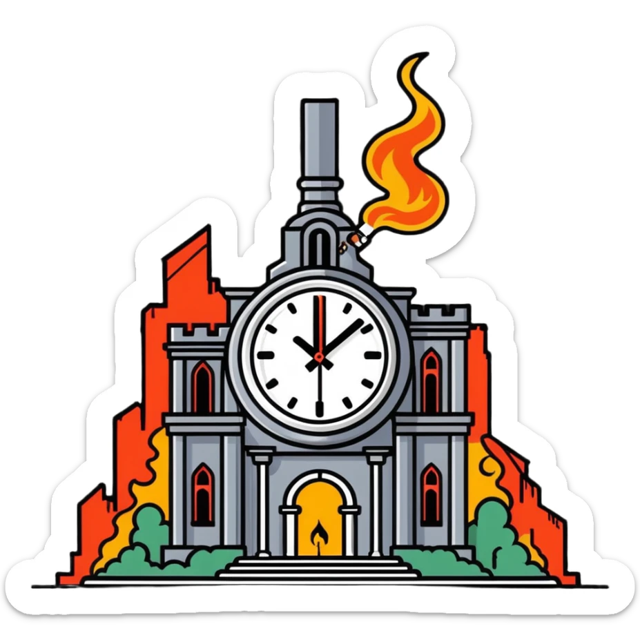 A clock showing 38 minutes, with a smoking gun and a destroyed palace in the background sticker
