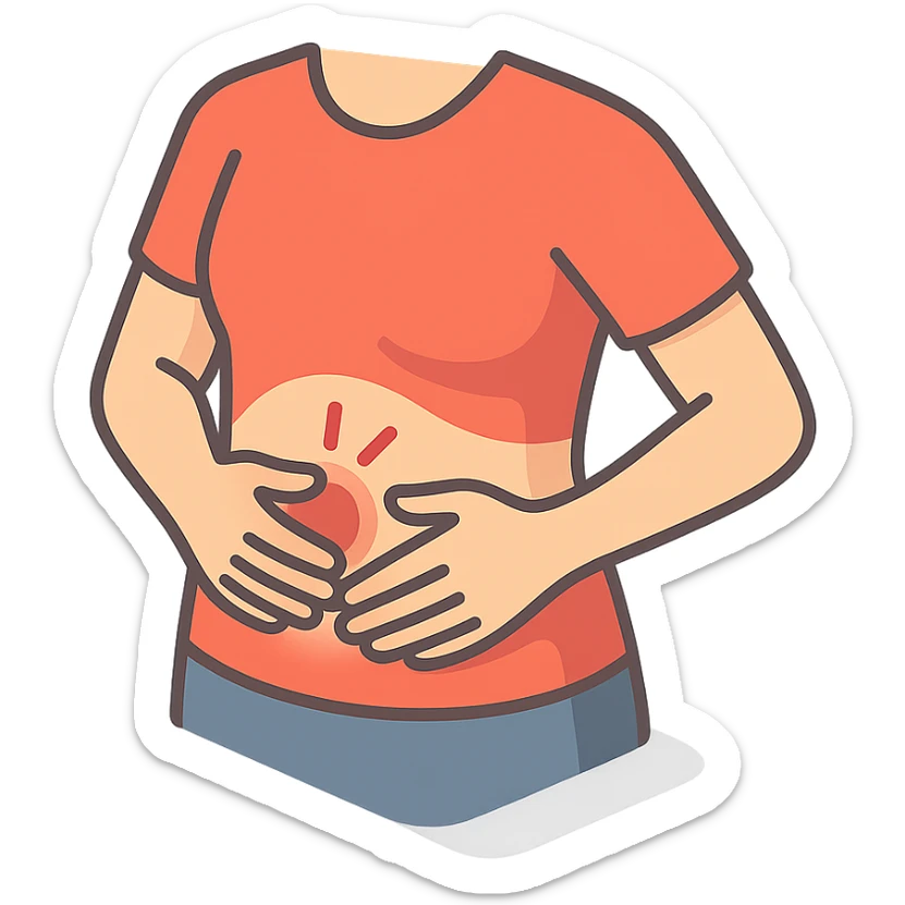 close-up of a person's stomach with hands gently massaging the area, showing mild pain, only the stomach and hands, no face, 2D isometric illustration style sticker