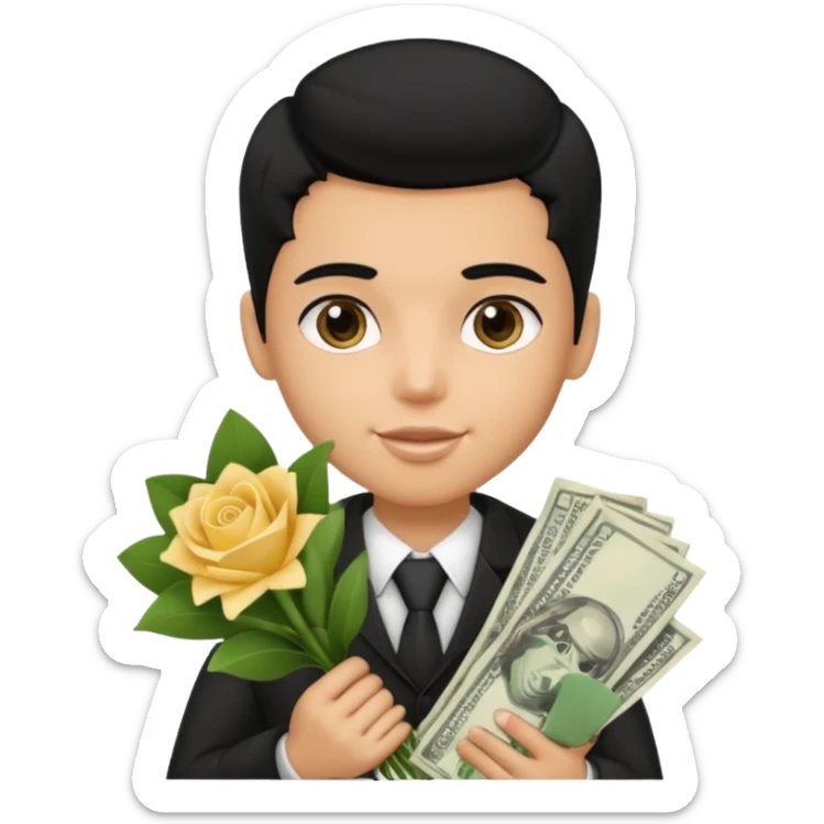 a pretty bratz boy with black hair, holding a bouquet made of money sticker