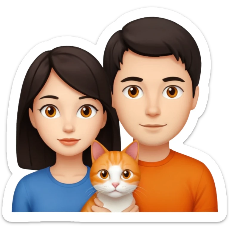 man and woman with dark hair and an orange cat sticker