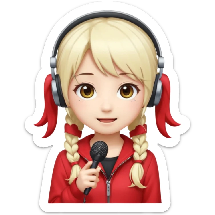 Cute kawaii emoji-style Japanese K-pop singer girl, long platinum blonde hair in twin tails, red outfit, headset mic on cheek, Japanese K-pop idol vibes, big sparkling eyes, chibi proportions, clean lineart, pastel colors, cheerful idol smile, sticker/emoji style, transparent background sticker