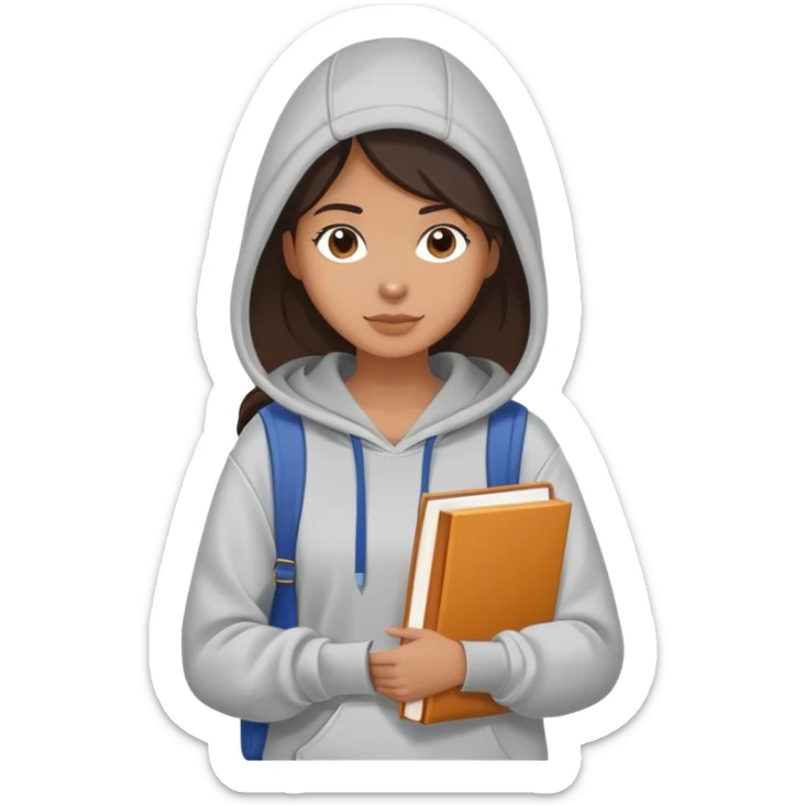 A flat-style illustration of a woman college student with a tote bag over the shoulder and a book in one hand. The student wears a hoodie. Clean cartoon style, white background, iOS emoji aesthetic. sticker