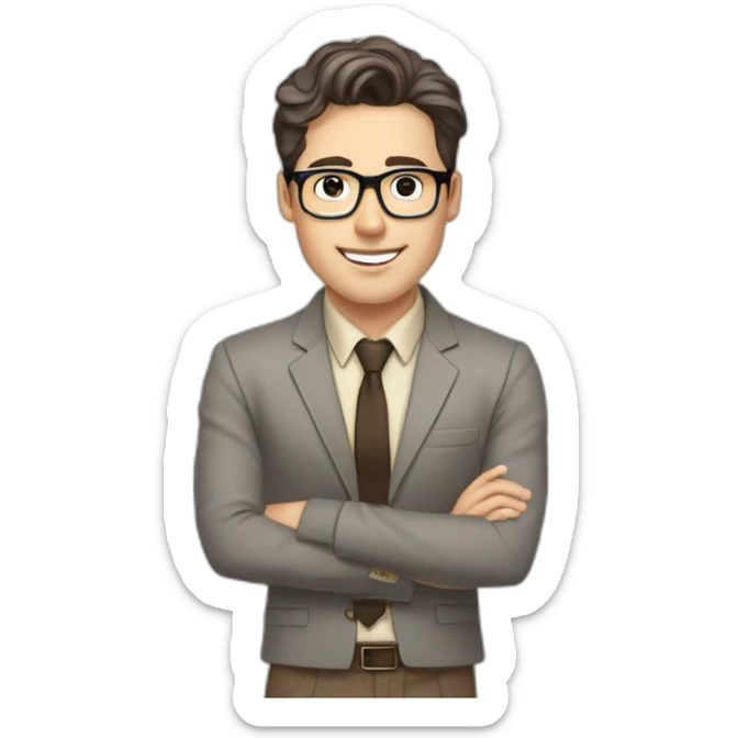 Pale skinned fit man with dark brown hair in gray jacket, beige office shirt, brown tie, brown pants and vintage glasses Writing text on a marker board sticker