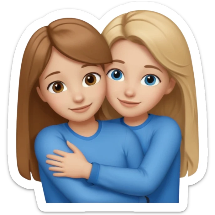 two Girls, Brown and Blonde hair, with Blue Eyes hugging one has Brown hair cute Hug  sticker