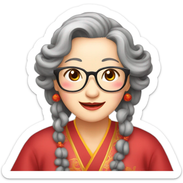 Chinese seniors lady wear glasses has wavy long hair wear Chinese traditional dress show appreciation sign sticker