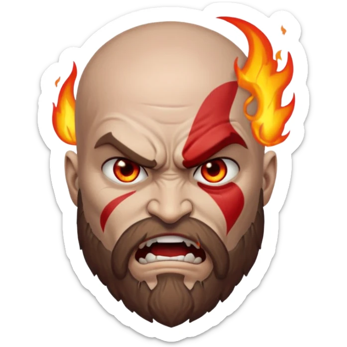 A custom emoji design of "Kratos" from "God of War", "Rage mode with fire eyes", "Apple Emoji Style", isolated on white background, clean lines, high quality sticker style, vector graphics, minimalistic sticker
