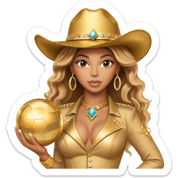 Beyonce with a gold outfit and gold cowboy hat hold the Vegas sphere sticker
