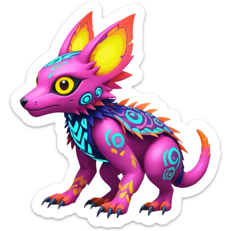 Tropical futuristic lush warm-colored modern colorful neon-colored cyber-Fakémon-Digimon-Trico-creature sticker