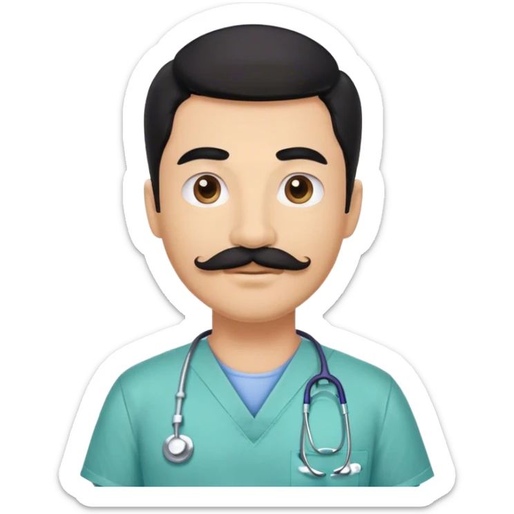Male dentist wearing scrubs with black hair and a mustache sticker