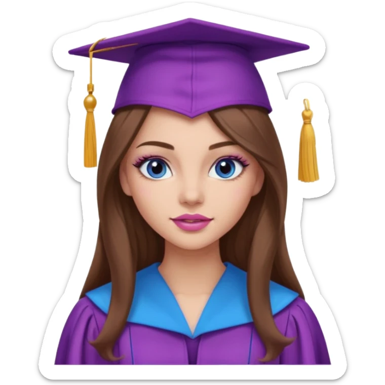 girl with gorgeous long brown hair, blue eyes, long lashes makeup, sexy pink lips, wearing a purple and pink graduation cap and gown sticker
