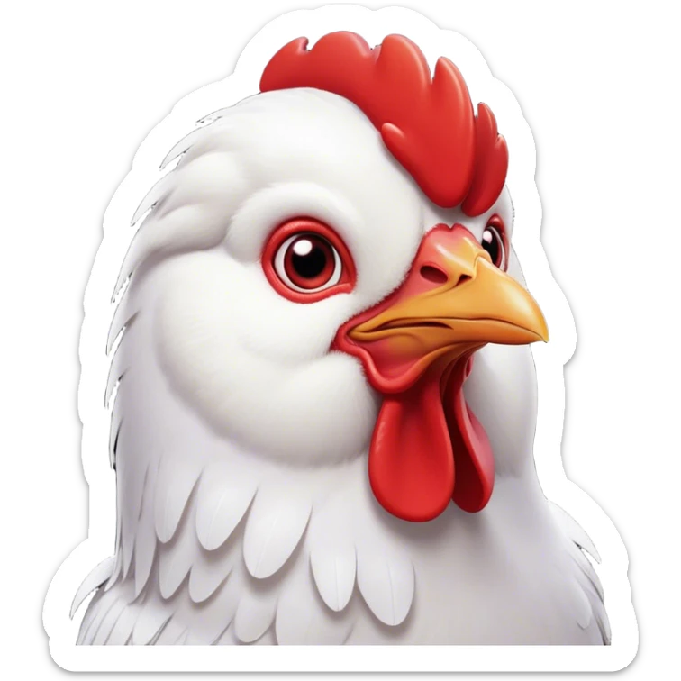 Cinematic Cute White Chicken Portrait Emoji, Head tilted playfully and inquisitively, featuring smooth, immaculate white feathers and a delicate red comb, round, sparkling beady eyes filled with curiosity, Simplified yet irresistibly adorable features, highly detailed, glowing with a warm, friendly glow, high shine, affectionate and lively, stylized with a touch of farmyard whimsy, bright and endearing, soft glowing outline, capturing the essence of a mischievous yet loving chicken, so playful it feels like it could peck out of the screen and into your arms! sticker